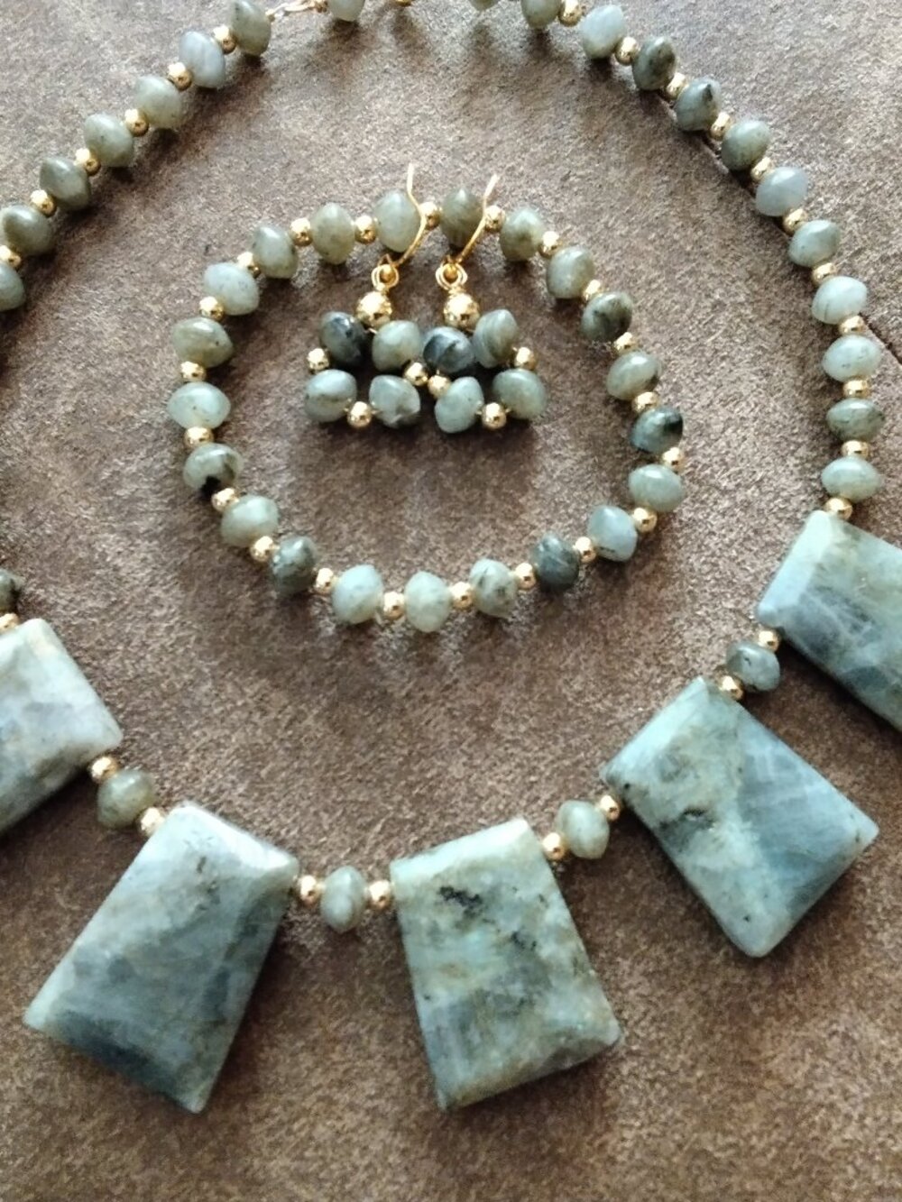 Labradorite necklace, stretch bracelet, earrings, gold option.